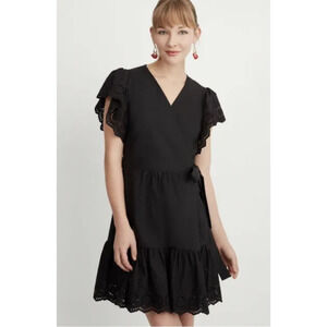 Maette Wrap Eyelet Ruffle Hem Flutter Sleeve Stretch Cotton Dress Womens Black L